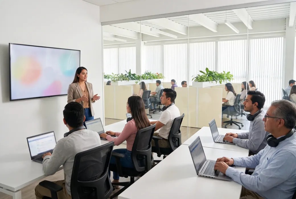 Capacitadora frente a un grupo de agentes nuevos con laptops