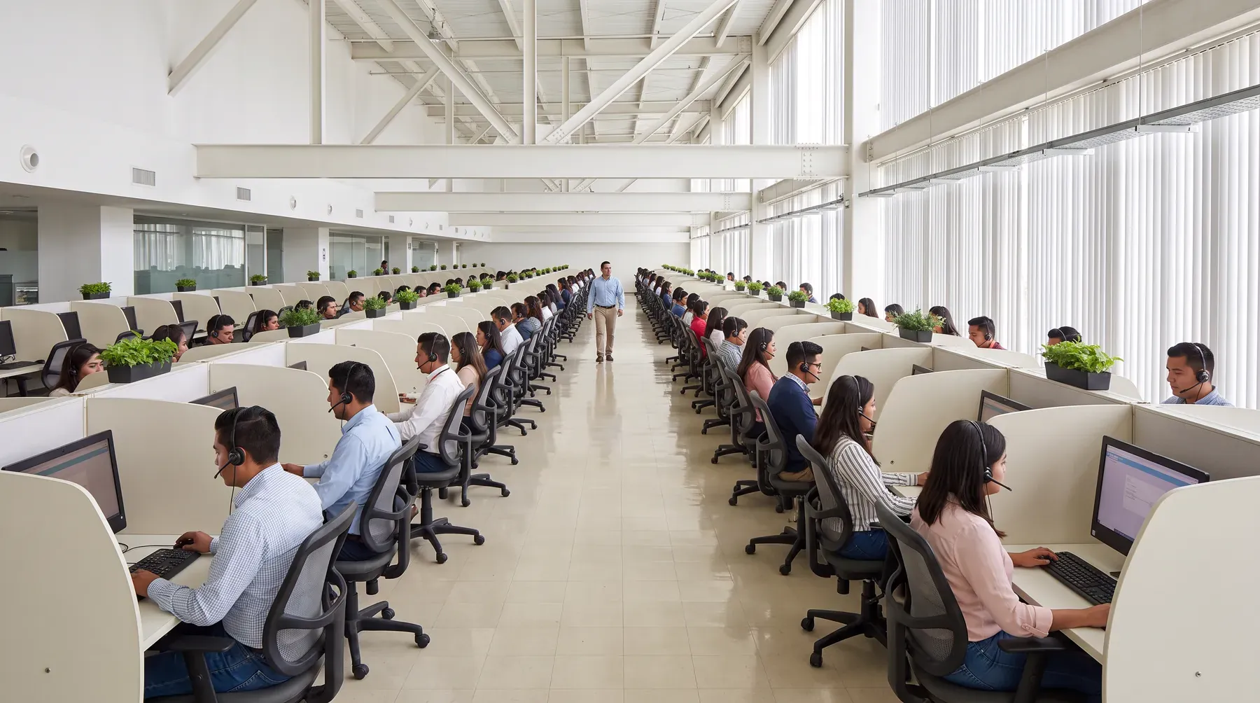 Piso de contact center con filas largas de módulos y ventanales con persianas