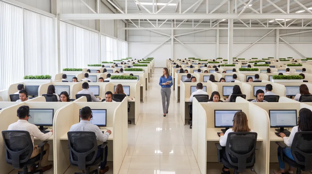 Piso de contact center con techo alto de estructura blanca